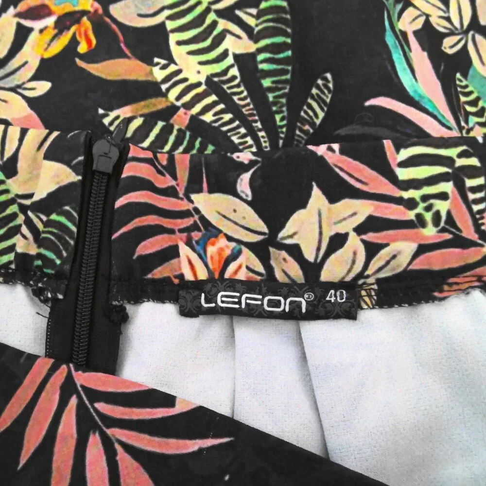 Lefon QUZU Black Skirt Colorful Floral Boho A-Line Soft Pleats Knee Length Sz 40